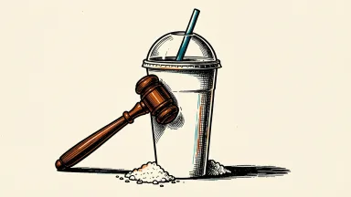 Starbucks facing a lawsuit over sugar content: a large plastic cup being pressed by a legal gavel as sugar granules spill from the base.
