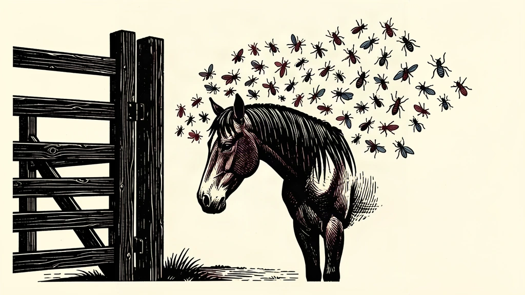 An editorial illustration showing a horse standing near an open cattle gate as a swarm of screwworm flies hovers nearby.