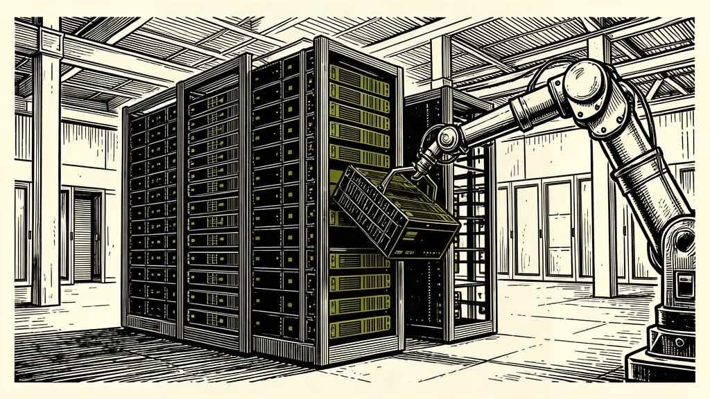 A large server rack being expanded with a new hardware module being lowered into place by a mechanical arm.