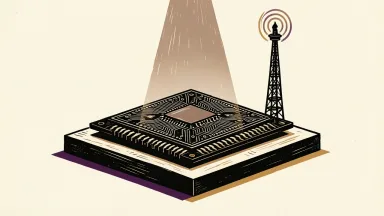 Rambus preparing for its third quarter earnings report: a detailed semiconductor chip on a platform under a spotlight with a broadcast tower in the background.