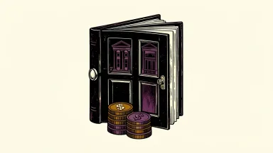 Qatar National Bank's profit rise is shown as a vault door book with stacked coins, symbolizing financial stability and growth.