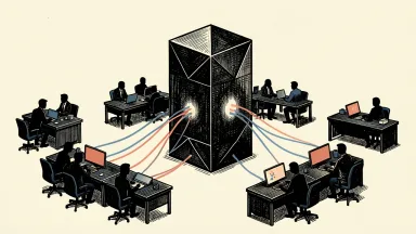 Microsoft testing a new AI model: a large geometric monolith at the center of an office floor connected to surrounding silhouetted workers by glowing lines.