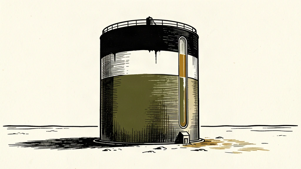 A large industrial oil storage tank with a visible drop in its fill level indicated on a side gauge.