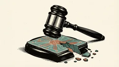 AppLovin facing securities fraud lawsuit over AI disclosures: a heavy gavel pins down and cracks a geometric digital tile.