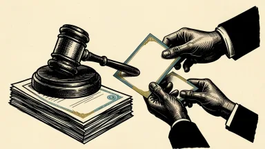 Rezolve Ai share repurchase program: a gavel rests on documents as a hand retrieves a stock certificate from a circular arrangement.