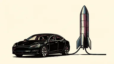 Tesla and SpaceX merger potential: an electric car and a rocket stand together on a plain horizon, joined by a single thick cable.