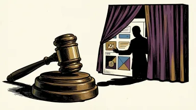 AppLovin securities fraud lawsuit: a large gavel rests near a software interface tile that is being partially covered by a heavy curtain.