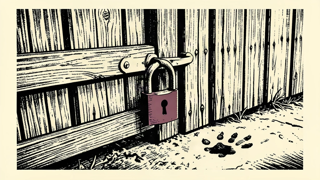 A black-ink linocut of a locked wooden gate on cream paper, featuring a single muted grey wolf track in the foreground.