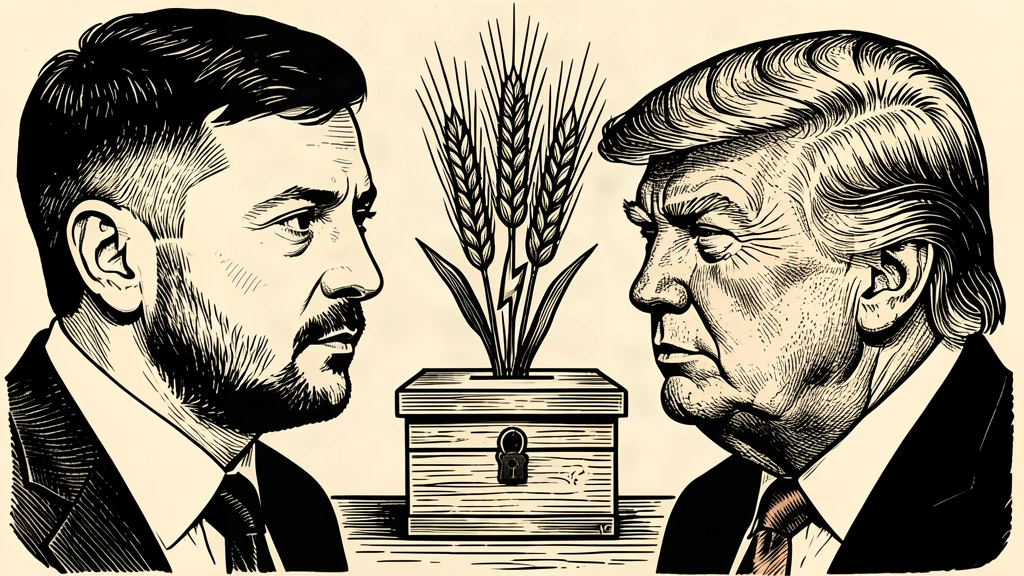 An editorial illustration showing Zelensky and Trump facing each other, with grain and energy symbols appearing above a locked ballot box between them. Identity photo references adapted into illustration: President Of Ukraine from Україна (CC0; http://creativecommons.org/publicdomain/zero/1.0/deed.en); source https://commons.wikimedia.org/wiki/File:2025_Volodymyr_Zelenskyy_(cropped).jpg | Daniel Torok (Public domain; https://commons.wikimedia.org/wiki/File:Official_Presidential_Portrait_of_President_Donald_J._Trump_(2025).jpg); source https://commons.wikimedia.org/wiki/File:Official_Presidential_Portrait_of_President_Donald_J._Trump_(2025).jpg