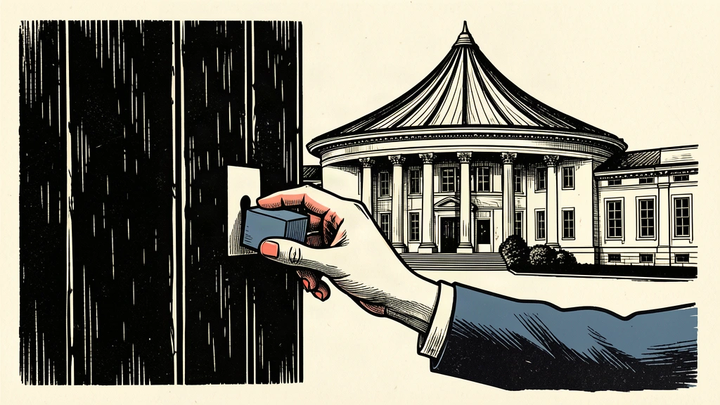 An editorial illustration showing a hand fitting a square block into a specific keyhole on a large gate in front of a university, representing new political requirements.