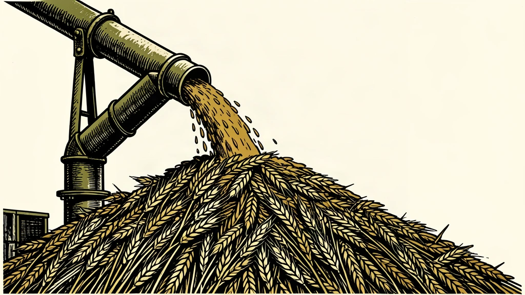 A massive pile of wheat grains being fed by an industrial pipe, emphasizing a high volume of production.