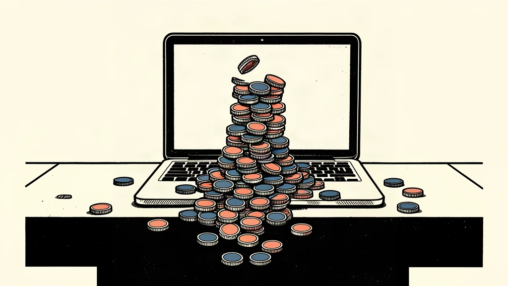 An editorial illustration of a laptop where a rising column of coins has been cut off, with the vast majority of the coins falling off the table into an abyss.