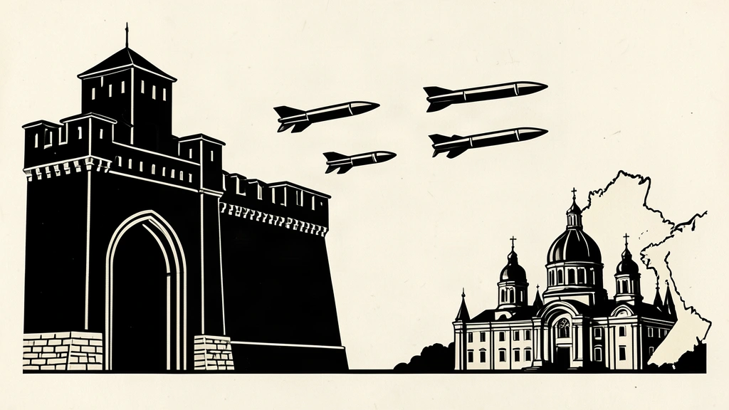 Linocut illustration of four missiles flying from a fortress toward a city skyline.