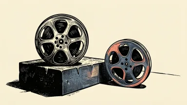 Paramount Skydance and Warner Bros. credit ratings downgraded: two film reels are pressed down to a lower level by heavy stone weights.