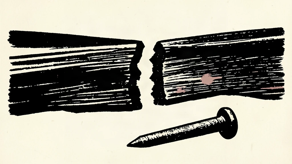 A linocut illustration of a broken railway track with a severed rail and a bent iron spike.
