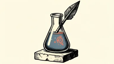 Biogen price target raised by UBS: a laboratory flask on a stone pedestal with a large upward-pointing arrow.