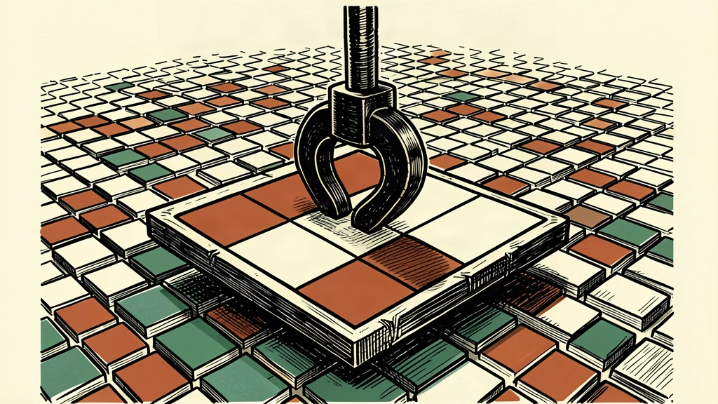 A heavy industrial clamp seizes a single tile from a vast digital grid, representing a federal crackdown on a large network.