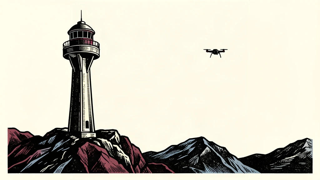 An editorial illustration of a vigilant observation tower on a ridge facing a distant, small drone silhouette in a clear sky.