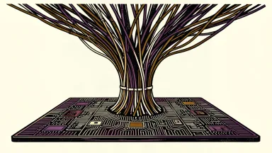 An editorial illustration showing a silicon wafer with a grid of chips, with a thick bundle of glowing fiber-optic cables rising from its surface into the negative space.