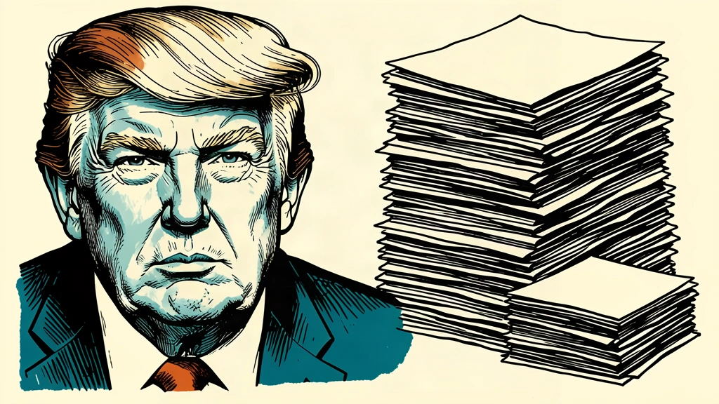 An editorial illustration showing a large portrait of Trump next to a massive stack of trading documents that dwarfs a smaller pile. Identity photo references adapted into illustration: Daniel Torok (Public domain; https://commons.wikimedia.org/wiki/File:Official_Presidential_Portrait_of_President_Donald_J._Trump_(2025).jpg); source https://commons.wikimedia.org/wiki/File:Official_Presidential_Portrait_of_President_Donald_J._Trump_(2025).jpg