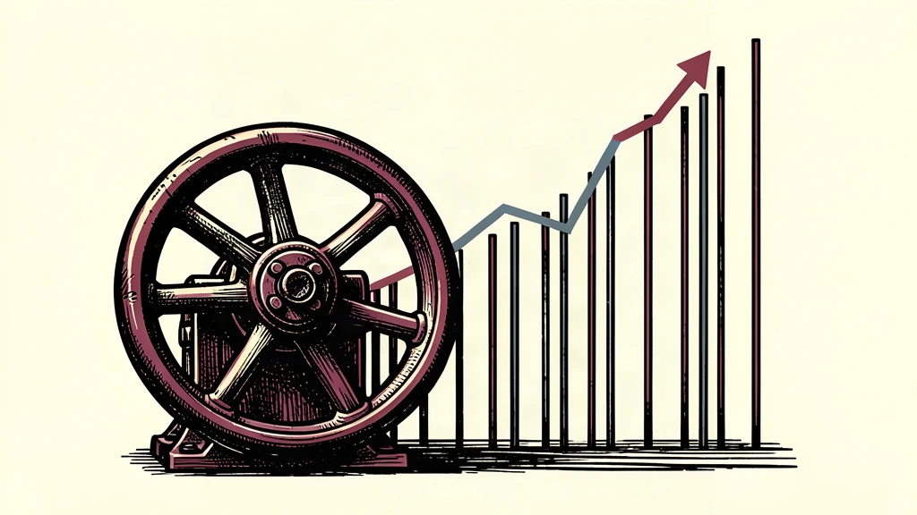 An editorial illustration showing a heavy oil valve wheel in the foreground with a rising curve of vertical rods in the background, representing the link between energy and interest rate expectations.