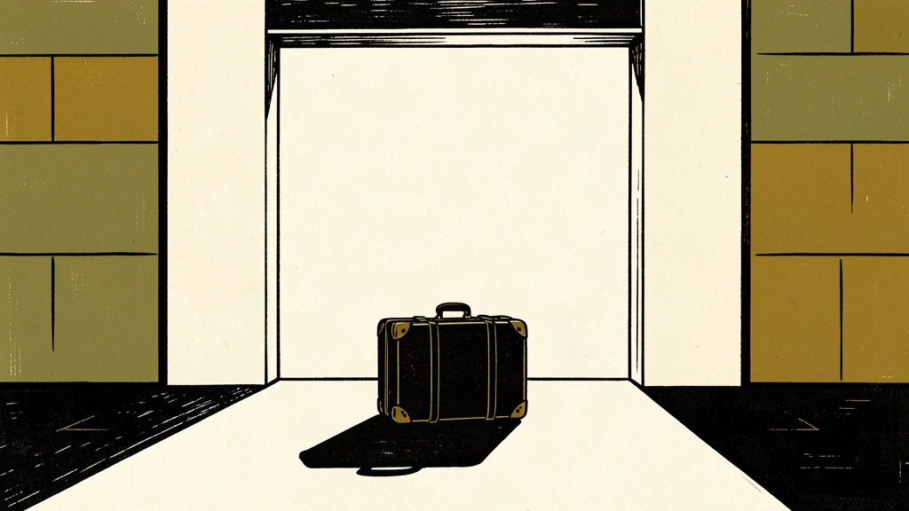 A single formal suitcase sits stationary inside a massive, open doorway of an empty official hall, cast in deep shadow.