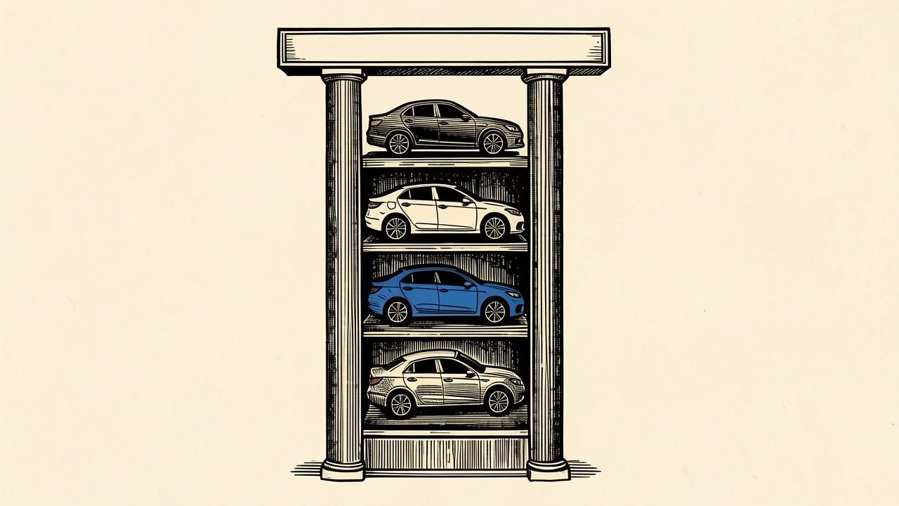 Carvana price target maintained by BTIG: a stylized car vending machine tower with a heavy horizontal bar resting firmly across its top.