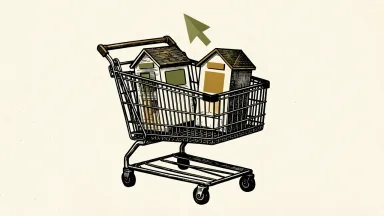 AI shopping recommendations favoring major retailers: a large shopping cart containing two identical storefronts, with a digital cursor hovering above.