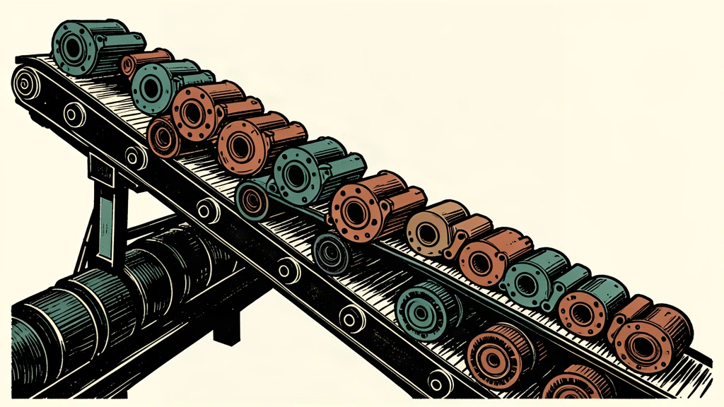 A stylized illustration of a factory conveyor belt moving manufactured goods upward at a sharp incline.