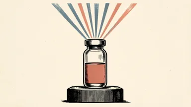 Regeneron presenting cancer data: a large medical vial on a podium projects ten distinct beams of light upward.