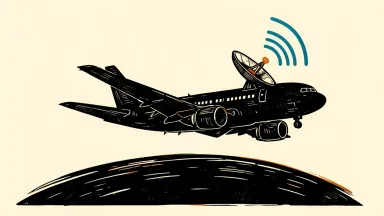 United Airlines airplane with satellite dish receiving Starlink signal above horizon.