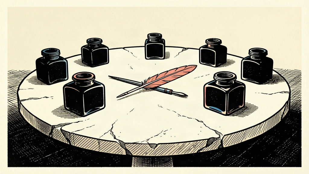 An editorial illustration showing a circle of inkwells on a large table with a quill pen bridging the gap between two of them.