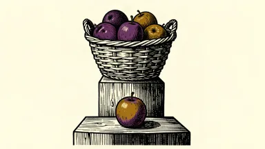 A market basket on a high pedestal with a single piece of produce placed on a significantly lower surface to represent a drop in cost.