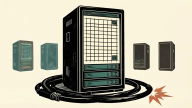 Microsoft CEO's AI warning and cybersecurity stocks: a large server rack with a jagged spark on a coiled cable at its base, surrounded by unlit server shapes.