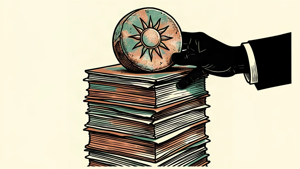 A large stack of treasury bills held down by a heavy stone weight with a sun motif.