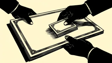 Insider sales at major tech firms: anonymous hands lifting a stack of shares from a large stock certificate.