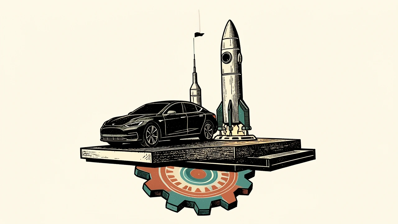 Tesla and SpaceX stocks rising on AI and merger speculation: an electric car and a rocket are lifted together on a platform by a large gear.