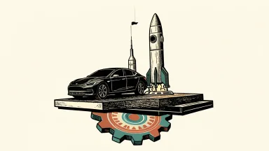Tesla and SpaceX stocks rising on AI and merger speculation: an electric car and a rocket are lifted together on a platform by a large gear.