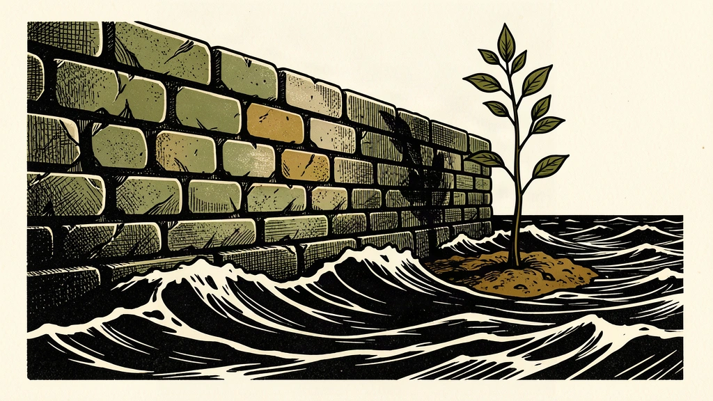 An editorial illustration showing a thick stone barrier holding back a dark sea, with a small tree growing safely behind it.