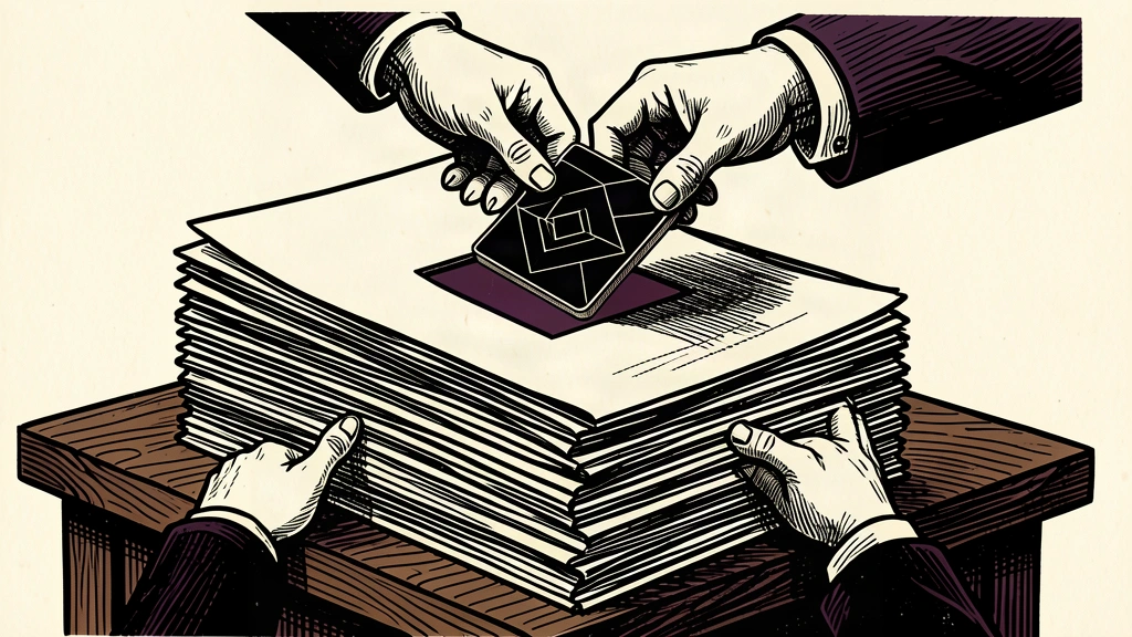 An illustration showing a digital search tile being removed from a thick stack of government documents.