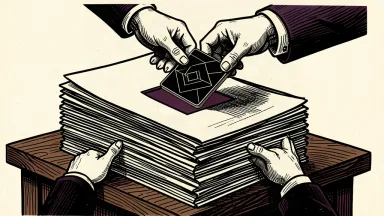 An illustration showing a digital search tile being removed from a thick stack of government documents.