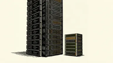 A conceptual illustration showing two stacks of server hardware on ivory paper; one is a modest height, while the other is a massive, towering column that dwarfs it to represent the significant increase in AI backlog.