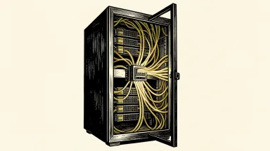 Lumentum, Astera Labs, and Corning demonstrate AI rack connectivity: a server rack with glowing fiber optic cables connecting internal hardware components.