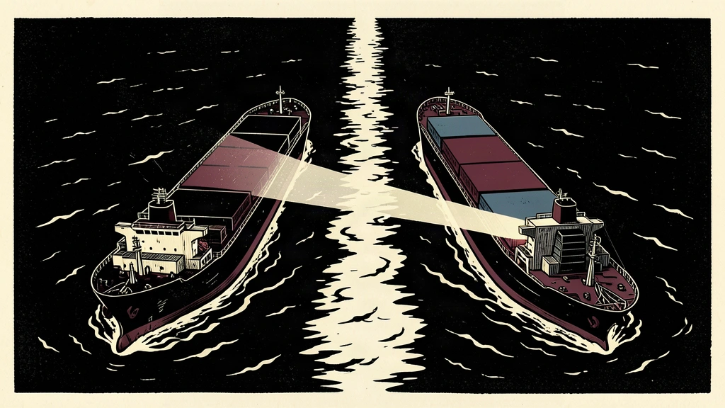 An editorial illustration of two large ships in close proximity on a dark sea, suggesting a maritime incident.