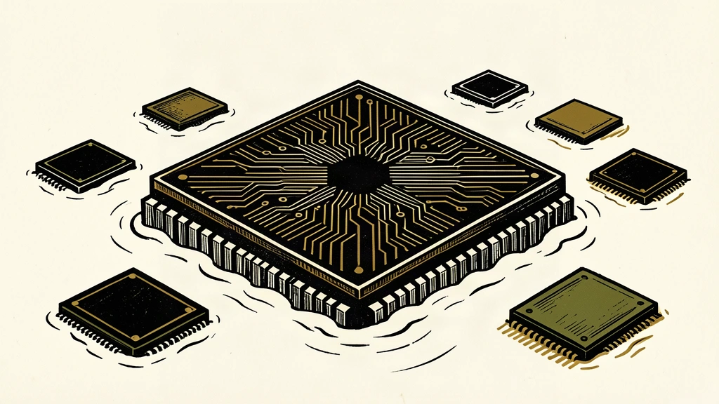 A large, intricately patterned AI chip stands prominently above a group of smaller, receding chips.