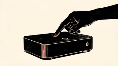 Apple TV 4K pre-orders: a silhouette of a hand reaches toward a sleek, minimalist black media box on a plain surface.