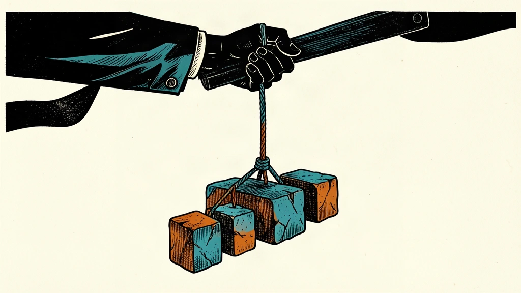 An editorial illustration showing a hand pulling a large circuit breaker lever to stop a row of falling stone blocks.