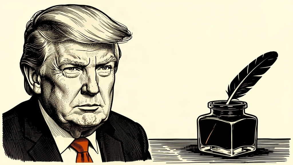 An editorial illustration showing a portrait of Donald Trump looking toward a quill and inkwell, symbolizing a potential but unconfirmed deal. Identity photo references adapted into illustration: Daniel Torok (Public domain; https://commons.wikimedia.org/wiki/File:Official_Presidential_Portrait_of_President_Donald_J._Trump_(2025).jpg); source https://commons.wikimedia.org/wiki/File:Official_Presidential_Portrait_of_President_Donald_J._Trump_(2025).jpg