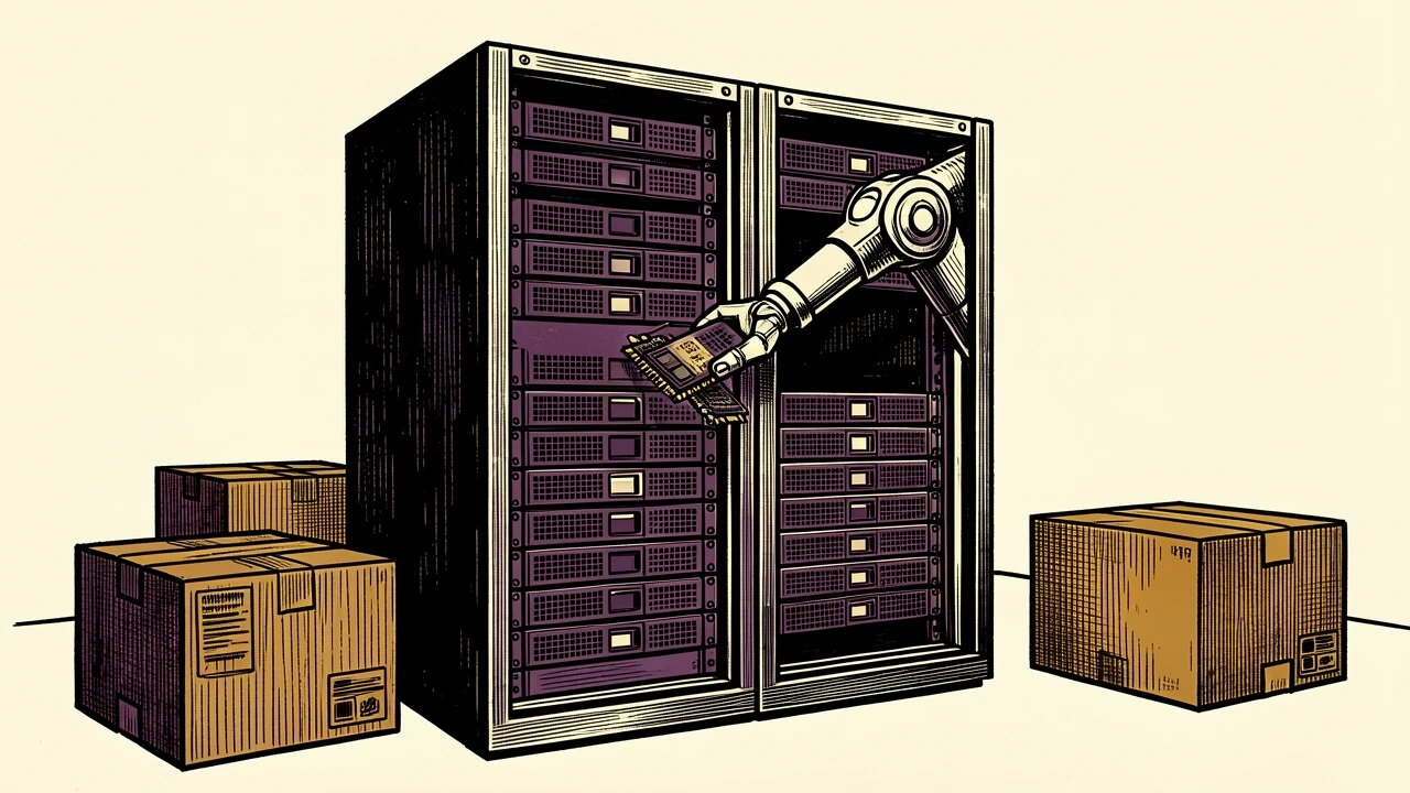 Dell Technologies server assembly: a mechanical arm installs a chip into a server rack, illustrating just-in-time manufacturing and inventory control.