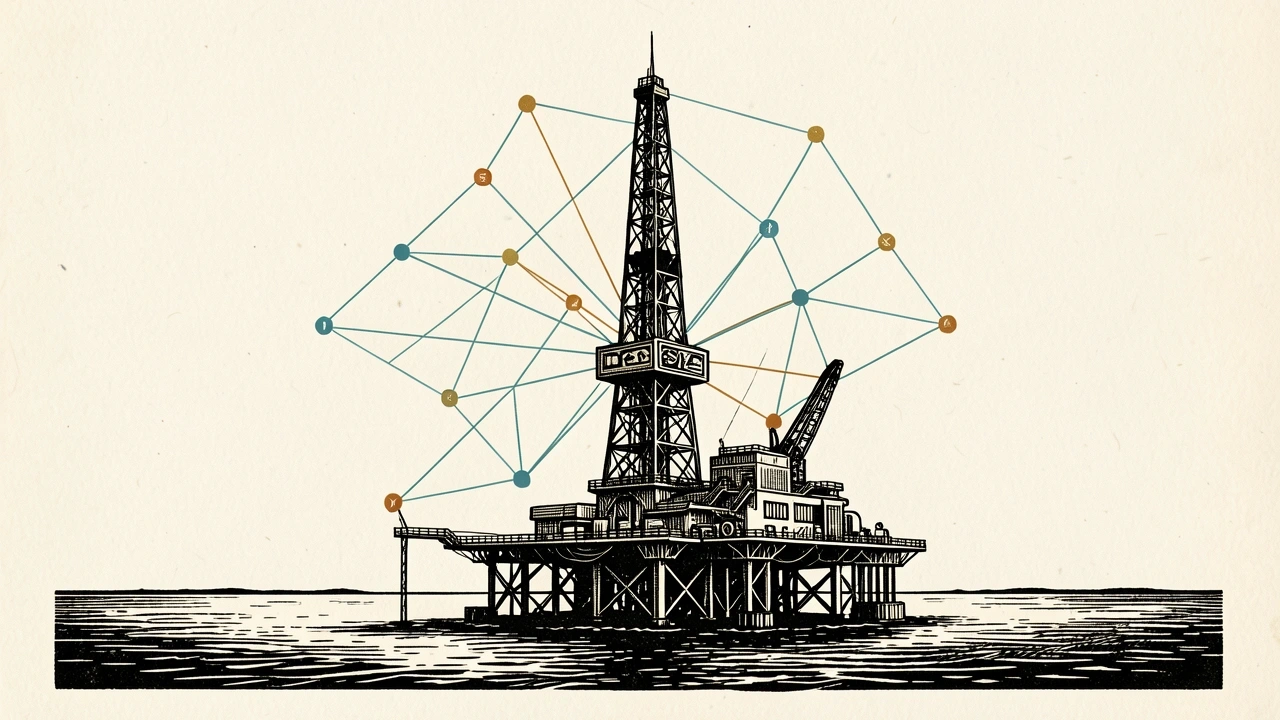 ExxonMobil expanding use of Helmerich & Payne drilling technology: a large oil rig integrated with a network of digital automation nodes.
